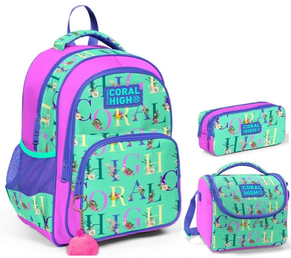 Coral High Yeşil Pembe Kız Çocuk Üçlü İlkokul Okul Çanta Seti ürün görseli 1