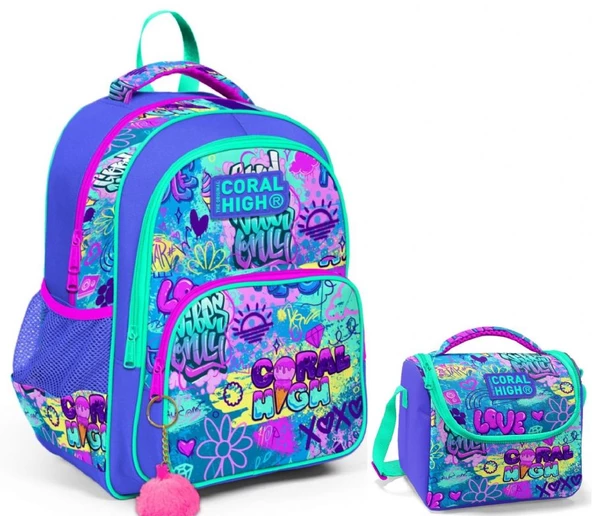 Coral High Lavanta Grafiti Kız Çocuk İlkokul Çantası ve Beslenme Çantası Seti ürün görseli 1