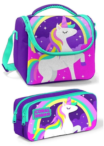 Coral High Mor Pembe Unicorn Kız Çocuk Beslenme Çantası Seti ürün görseli 1
