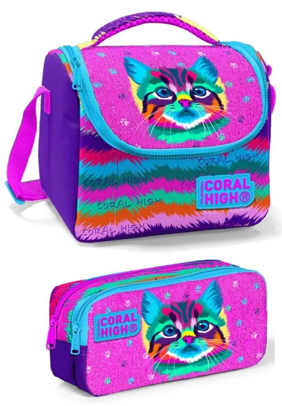 Coral High Mor Kedi Kız Çocuk Beslenme Çantası Seti ürün görseli 1