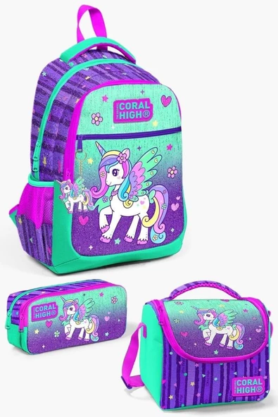 Coral High Kids Mor Su Yeşili Unicorn Desenli 3'lü Okul Çanta Seti - Kız Çocuk ürün görseli 1