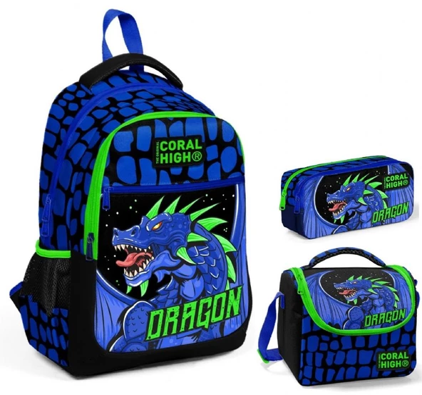 Coral High Erkek Çocuk Mavi Yeşil Dragon Üçlü İlkokul Okul Çanta Seti ürün görseli 1