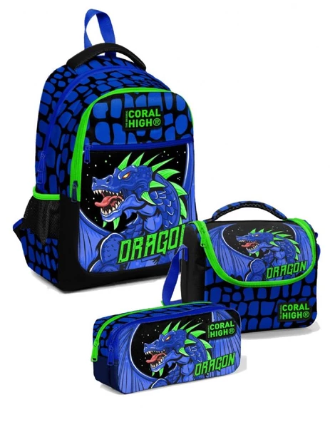 Coral High Erkek Üç Bölmeli Okul Sırt Çantası Beslenme Çantası ve Kalemlik Seti Mavi Yeşil Dragon ürün görseli 1