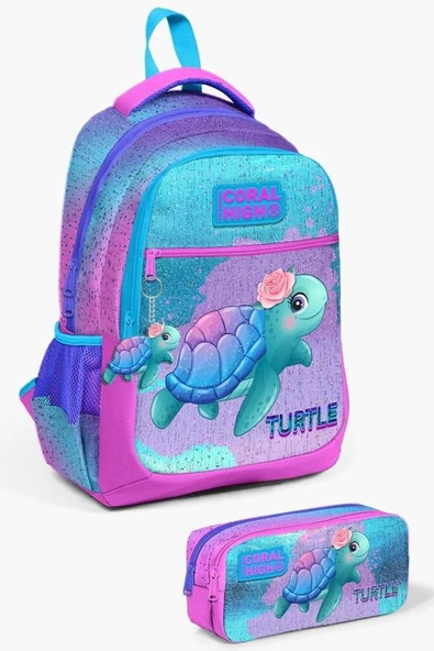 Coral High Kids Açık Pembe Mavi Kaplumbağa Desenli 2'li Okul Çanta Seti - Kız Çocuk ürün görseli 1