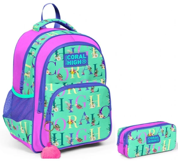 Coral High Yeşil Pembe Kız Çocuk İlkokul Sırt Çantası ve Kalemlik Seti ürün görseli 1