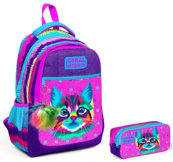Coral High Mor Pembe Kedi İlkokul Sırt Çantası ve Kalemlik Seti ürün görseli 1