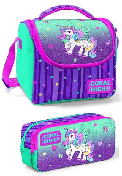 Coral High Yeşil Mor Unicorn Kız Çocuk Beslenme Çantası Seti ürün görseli 1