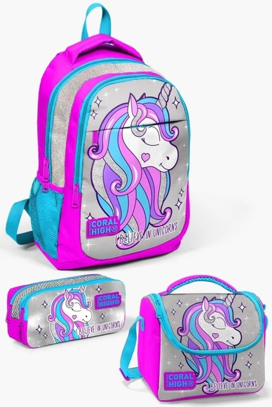 Coral High Kids Pembe Gümüş Simli Unicorn Desenli 3'lü Okul Çanta Seti - Kız Çocuk ürün görseli 1