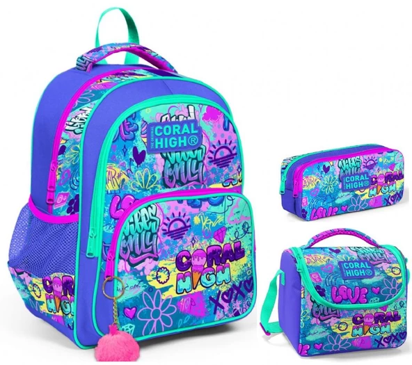 Coral High Lavanta Grafiti Kız Çocuk Üçlü İlkokul Okul Çanta Seti ürün görseli 1