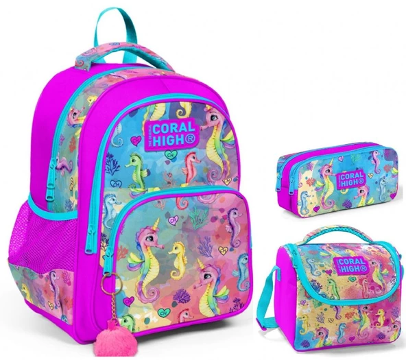 Coral High Pembe Denizatı Kız Çocuk Üçlü İlkokul Okul Çanta Seti ürün görseli 1