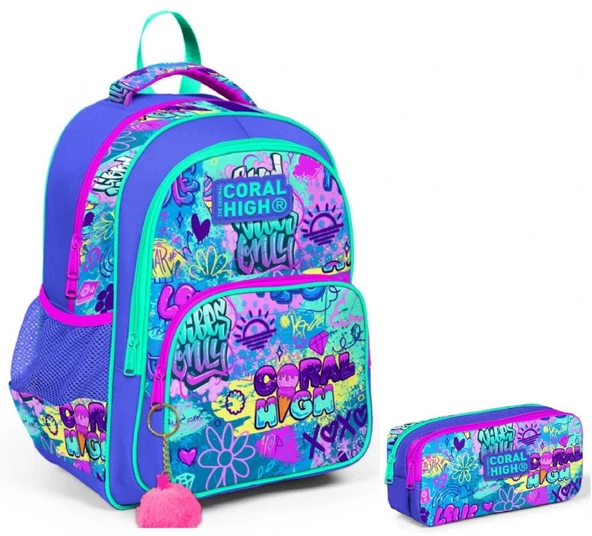Coral High Lavanta Grafiti Kız Çocuk İlkokul Sırt Çantası ve Kalemlik Seti ürün görseli 1