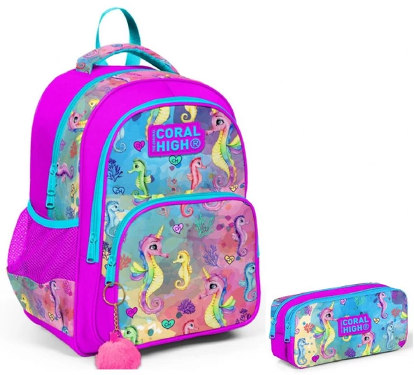 Coral High Pembe Denizatı Kız Çocuk İlkokul Sırt Çantası ve Kalemlik Seti ürün görseli 1