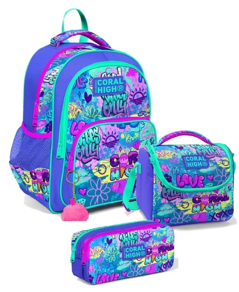 Coral High Üç Gözlü İlkokul Sırt Çantası Seti Lavanta Yeşil Pembe Grafiti Kız Çocuk ürün görseli 1
