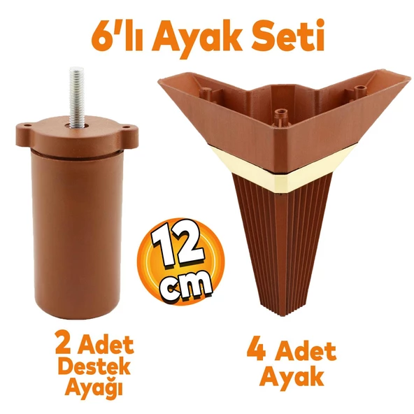 Alcazar Köşe 6'lı Set Mobilya TV Ünitesi Çekyat Koltuk Kanepe Destek Ayağı 12 cm Kahve M8 Civatalı ürün görseli 1