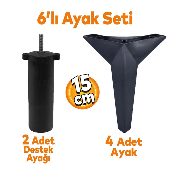 Kale 6'lı Set Mobilya Tv Ünitesi Koltuk Kanepe Destek Ayağı 15 Cm Siyah Baza Ayakları M8 Civatalı ürün görseli 1