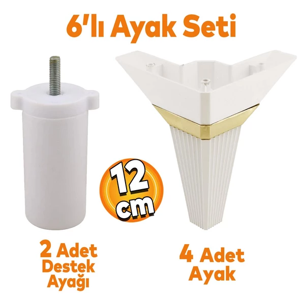 Alcazar Köşe 6'lı Set Mobilya TV Ünitesi Çekyat Koltuk Kanepe Destek Ayağı 12 cm Beyaz M8 Civatalı ürün görseli 1