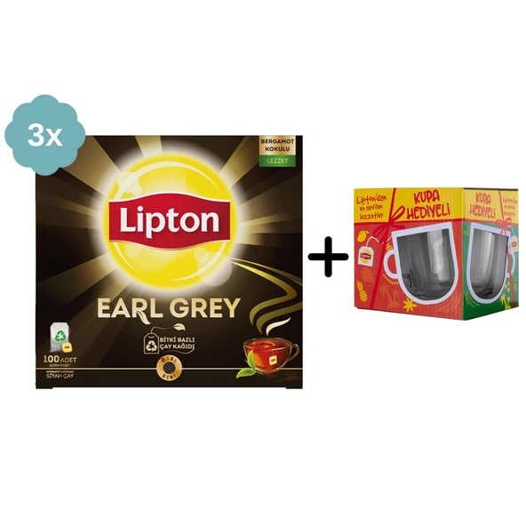 Lipton Earl Grey Bardak Poşet Çay 100lü x 3 Adet + Hediye Lipton Cam Kupa ürün görseli 1