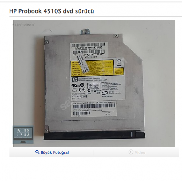 HP Probook 4510S dvd sürücü ürün görseli 1