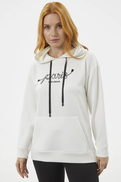 Kanguru Cepli Kapüşonlu Sweatshirt - Ekru - Resim 2