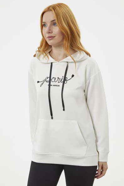 Kanguru Cepli Kapüşonlu Sweatshirt - Ekru - Resim 4