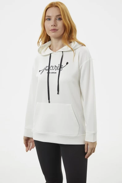 Kanguru Cepli Kapüşonlu Sweatshirt - Ekru ürün görseli 1