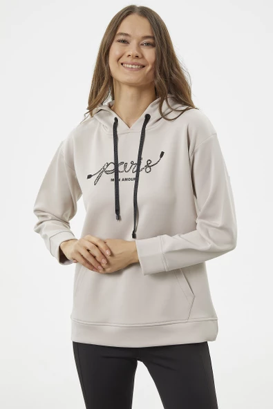 Kanguru Cepli Kapüşonlu Sweatshirt - Bej - Resim 2