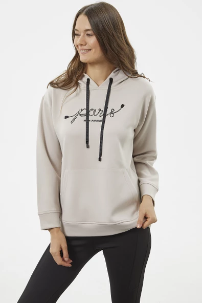 Kanguru Cepli Kapüşonlu Sweatshirt - Bej - Resim 4