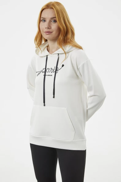 Kanguru Cepli Kapüşonlu Sweatshirt - Ekru - Resim 5