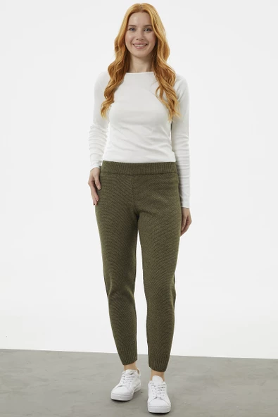 Jogger Rahat Kalıp Triko Pantolon - Haki - Resim 2