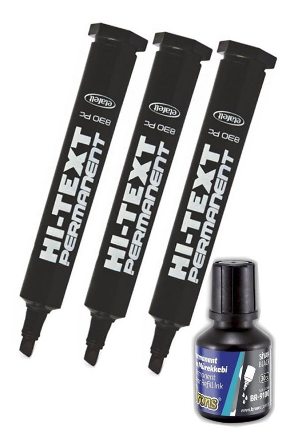 Siyah Kesik Uçlu Markör Permanent Kalem 3 Adet Hı-Text Marker Mürekkep Siyah 30 Ml 1 Adet Brons Koli Kalemi ürün görseli 1