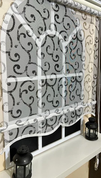 Storburada Çift Mekanizmalı Desenli Tül Stor Perde Gri Baskı STB-108  Gri 190 x 260 ürün görseli 1