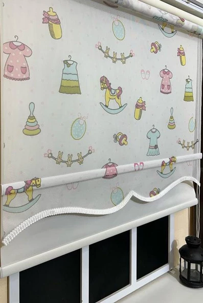 StorBurada Çift Mekanizmalı Desenli Tül Stor Perde Çocuk Odası Baskı STB-109  Beyaz 120 x 200 ürün görseli 1