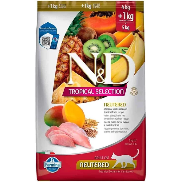 ND Tropical Meyveli Tavuklu Kısırlaştırılmış Kedi Maması 4+1 Kg ürün görseli 1