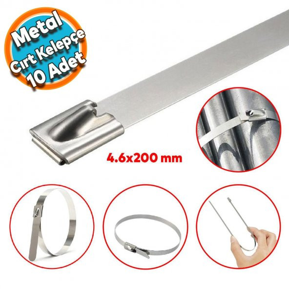 Cırt Kelepçe Metal Paslanmaz Çelik Kablo Zip Bağı Çok Amaçlı Bağlama 4.6x200 10 Adet ürün görseli 1