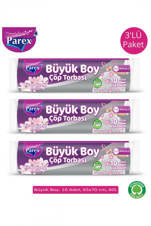 Parex Premium Büzgülü Çöp Torbası Kiraz Çiçeği Büyük Boy 10'lu 3^lü Paket ürün görseli 1