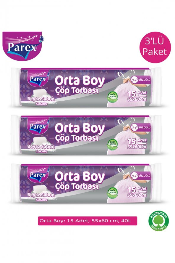 Parex Büzgülü Çöp Torbası Beyaz Sabun Kokulu Orta Boy 15'li 3lü Paket ürün görseli 1