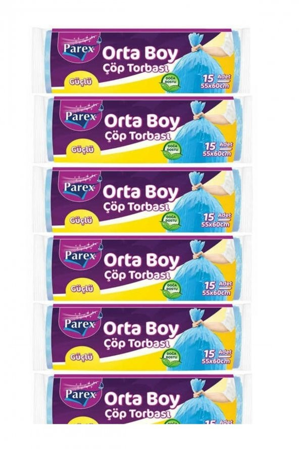 Parex Güçlü Orta Boy Çöp Torbası Mavi 55x60 Cm 15'li X 6 Adet ürün görseli 1