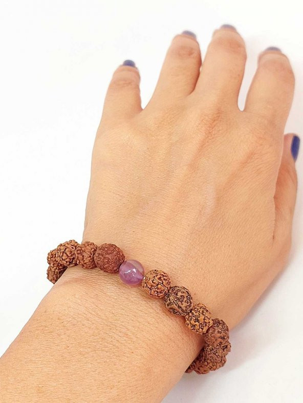 Ametist Taşlı Rudraksha Tohum Unisex Bileklik 8mm ürün görseli 1