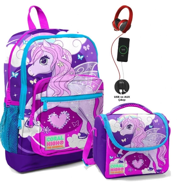 Coral High Okul Çantası ve Termal Beslenme Çanta Seti - Kız Çocuk Mavi Mor Unicorn USB ve AUX Çıkışlı ürün görseli 1