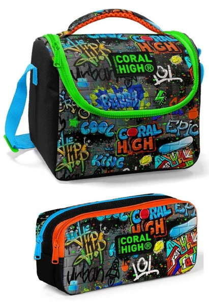 Coral High Siyah Yeşil Grafiti Erkek Çocuk Beslenme Çantası Seti ürün görseli 1