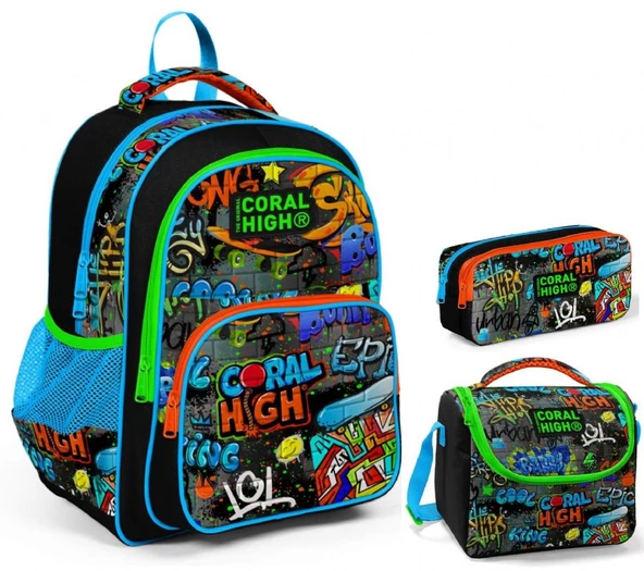 Coral High Siyah Grafiti Erkek Çocuk Üçlü İlkokul Okul Çanta Seti ürün görseli 1