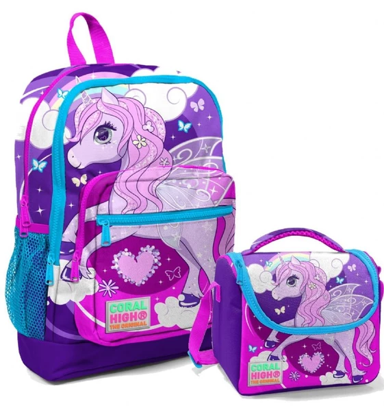 Coral High Mor Unicorn Kız Çocuk İlköğretim Okul Sırt Çantası ve Beslenme Çanta Seti ürün görseli 1