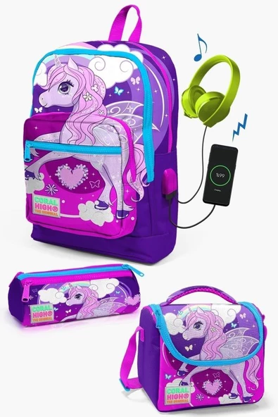 Coral High Kids Mor Pembe Unicorn Desenli USB'li 3'lü Okul Çanta Seti - Kız Çocuk ürün görseli 1
