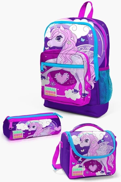 Coral High Kids Mor Pembe Unicorn Desenli 3'lü Okul Çanta Seti - Kız Çocuk ürün görseli 1