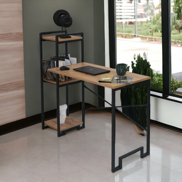 DEKORATİF 3 RAFLI METAL ÇOK AMAÇLI ÇALIŞMA MASASI AHŞAP RAFLI KİTAPLIK BİLGİSAYAR VE LAPTOP MASASI ürün görseli 1