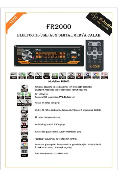 fi Audio FR2000 BLUETOOTH/USB/AUX DİJİTAL MEDYA ÇALAR OTO TEYP ürün görseli 1