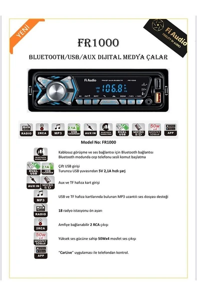 Fi audio fr1000 bluetooth/usb/aux dijital medya çalar oto teyp ürün görseli 1