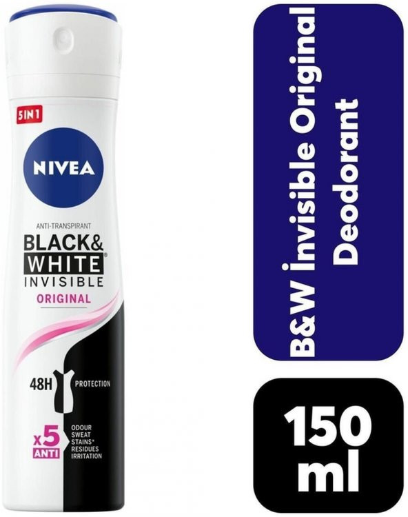 Nivea Black & White Invisible Original Kadın Sprey Deodorant 150 Ml ürün görseli 1