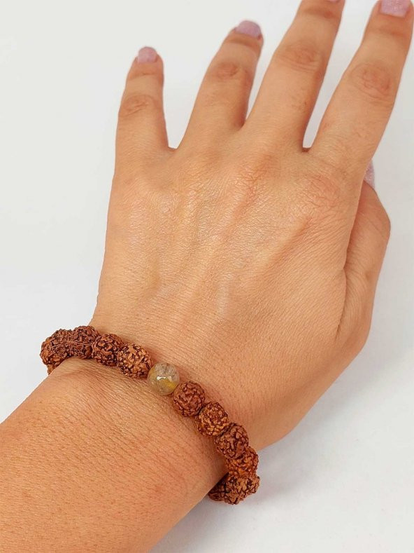Gold Beril Taşlı Rudraksha Tohum Unisex Bileklik 8mm ürün görseli 1