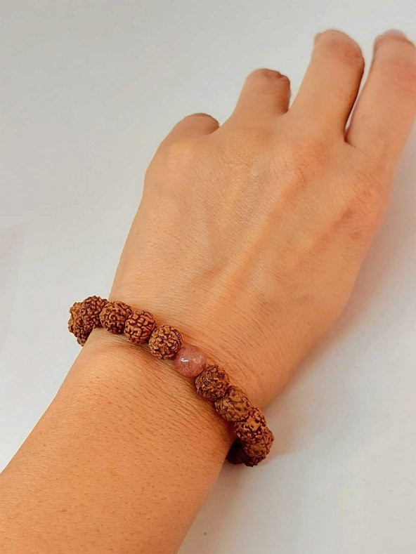 Çilek Kuvars Taşlı Rudraksha Tohum Unisex Bileklik 8mm ürün görseli 1